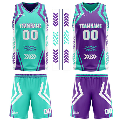 Custom Cyan Purple Reversible Basketball Suit for Adults and Kids Personalized Jersey