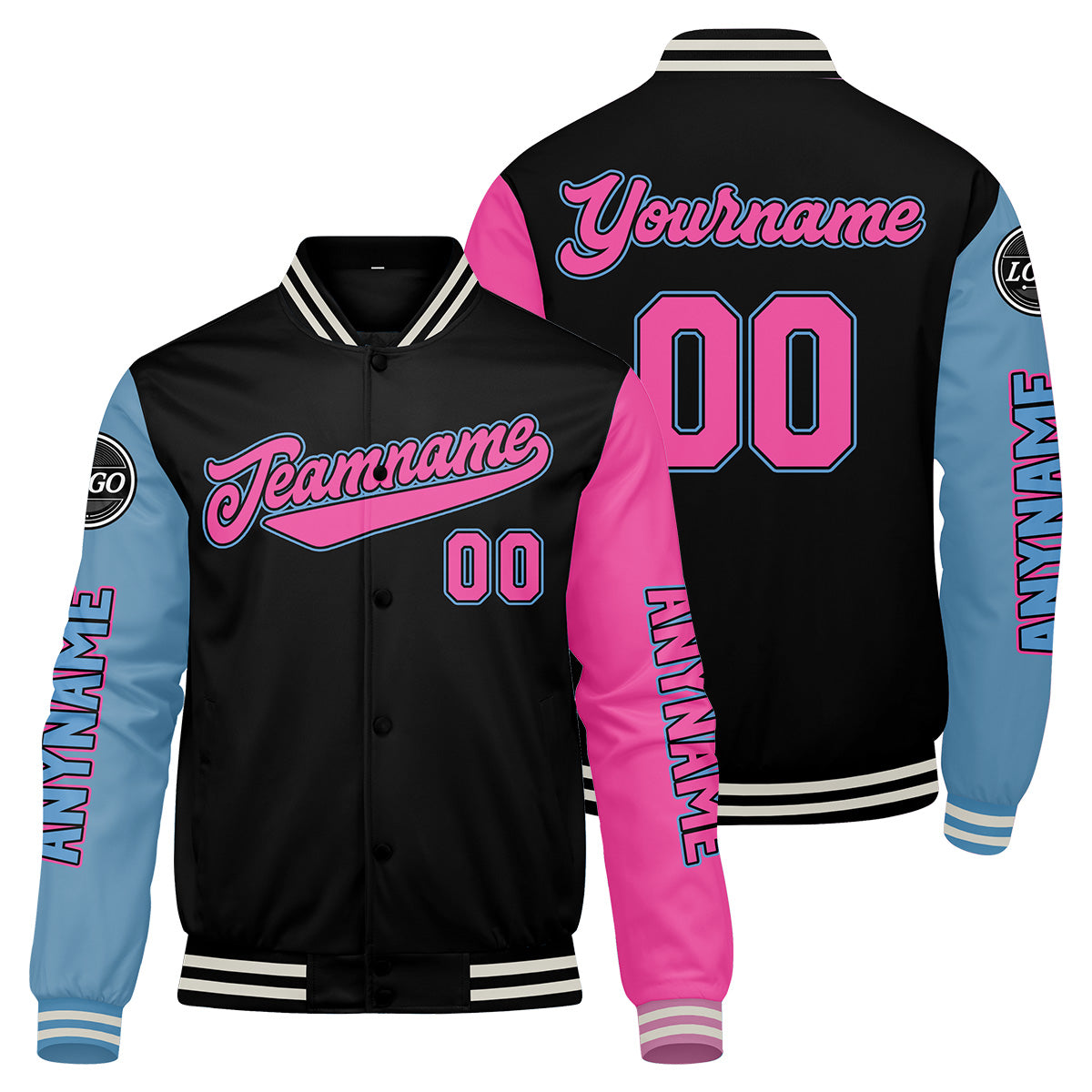 Custom Black Light Blue Pink Varsity Jackets for Men Women Youth Personalized Letterman Jackets