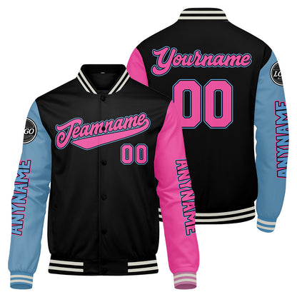 Custom Black Light Blue Pink Varsity Jackets for Men Women Youth Personalized Letterman Jackets