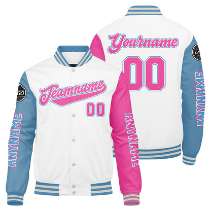 Custom White Light Blue Pink Varsity Jackets for Men Women Youth Personalized Letterman Jackets