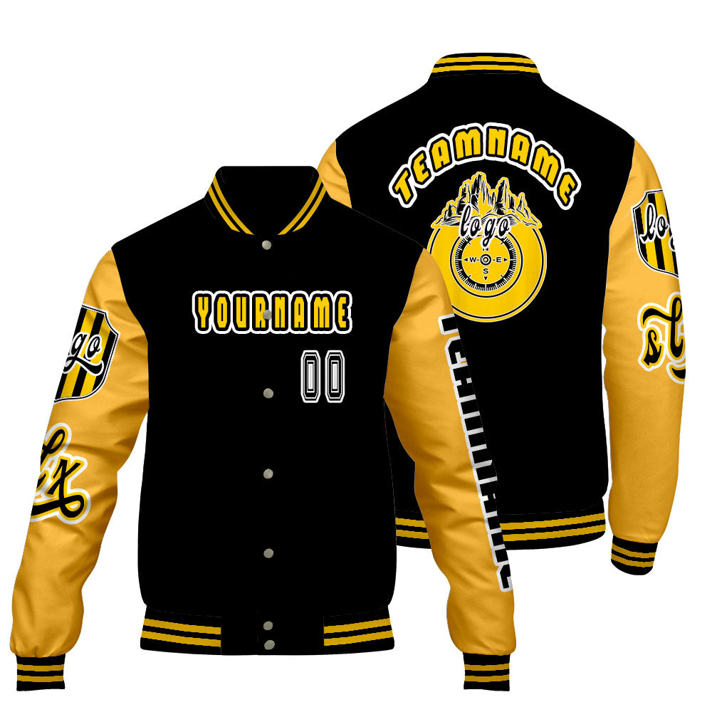 Custom Black Yellow Letterman Varsity Jacket Personalized Embroidery Printing