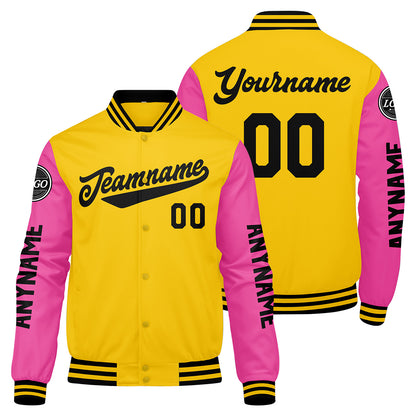 Custom Yellow Pink Black Varsity Jackets for Men Women Youth Personalized Letterman Jackets