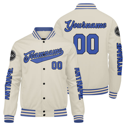 Custom Cream Blue Varsity Jackets for Men Women Youth Personalized Letterman Jackets