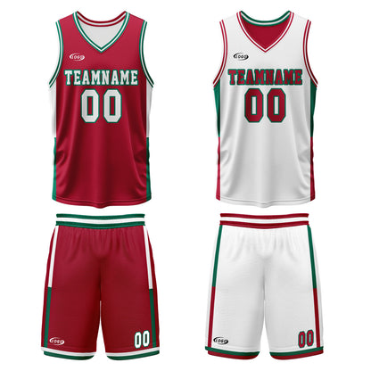 Custom Red White Green Reversible Basketball Suit for Adults and Kids Personalized Jersey