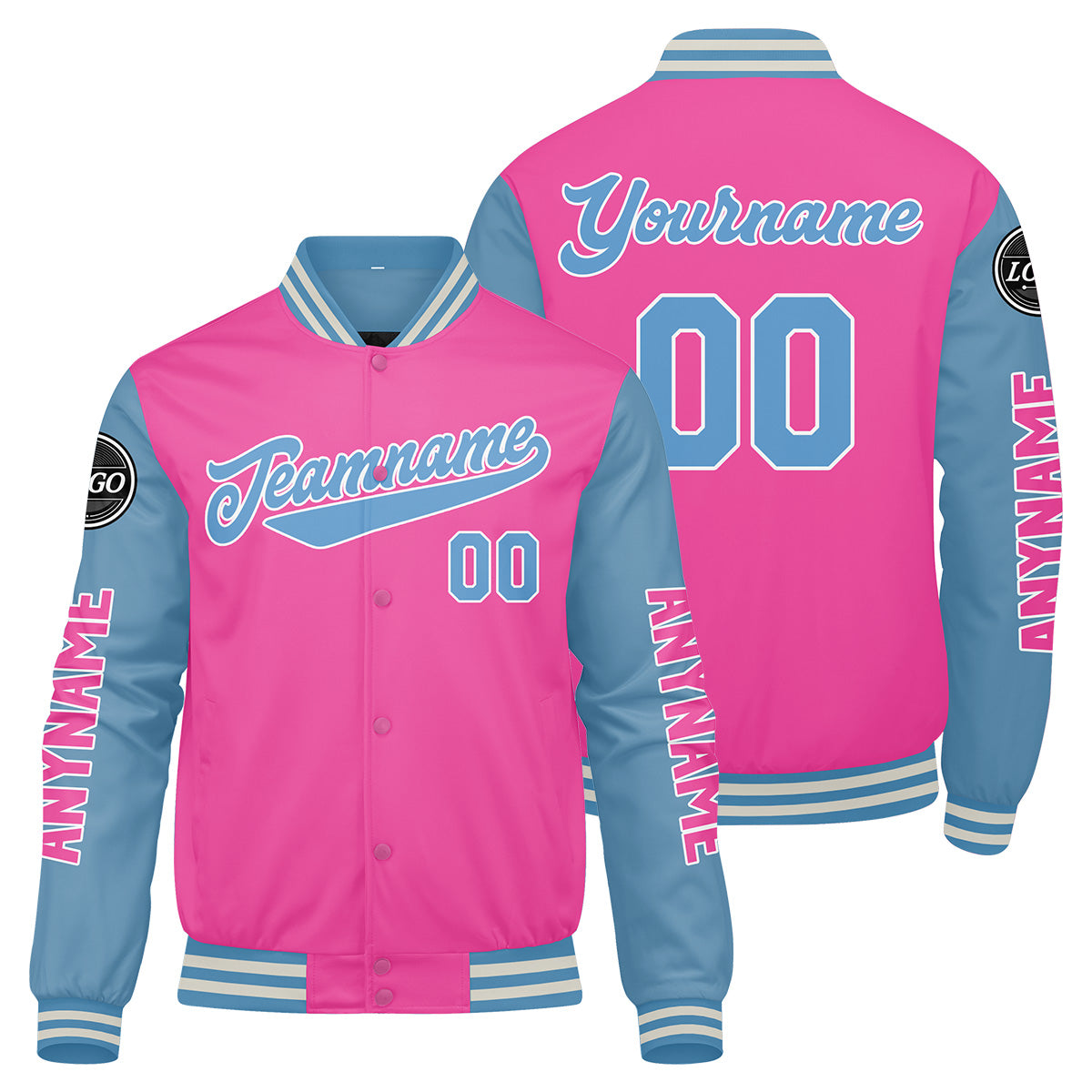 Custom Pink Light Blue Varsity Jackets for Men Women Youth Personalized Letterman Jackets