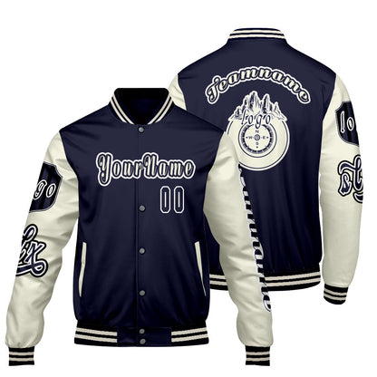 Custom Navy White Letterman Varsity Jacket Personalized Embroidery Printing