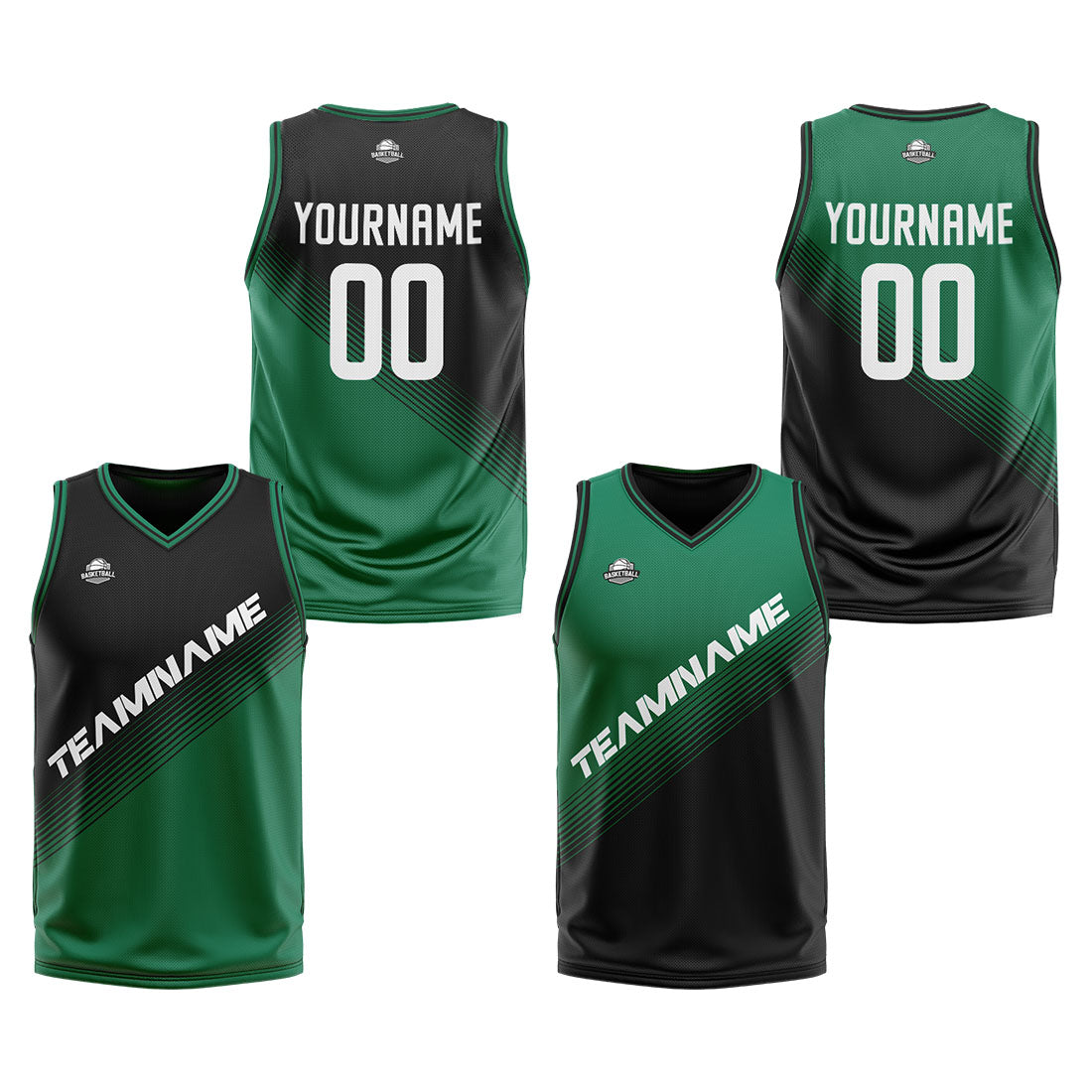 Custom Black Green Reversible Basketball Suit for Adults and Kids Personalized Jersey