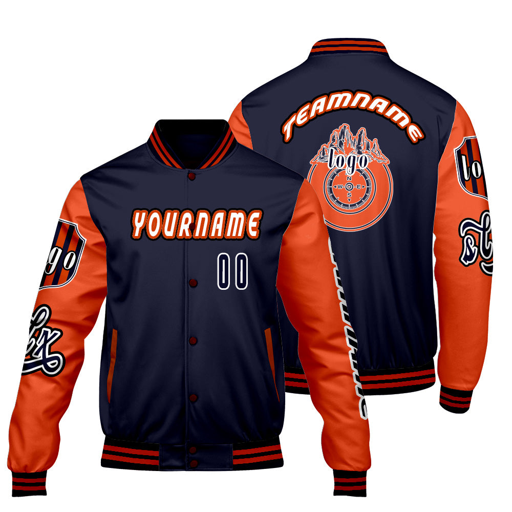 Custom Navy Orange Letterman Varsity Jacket Personalized Embroidery Printing