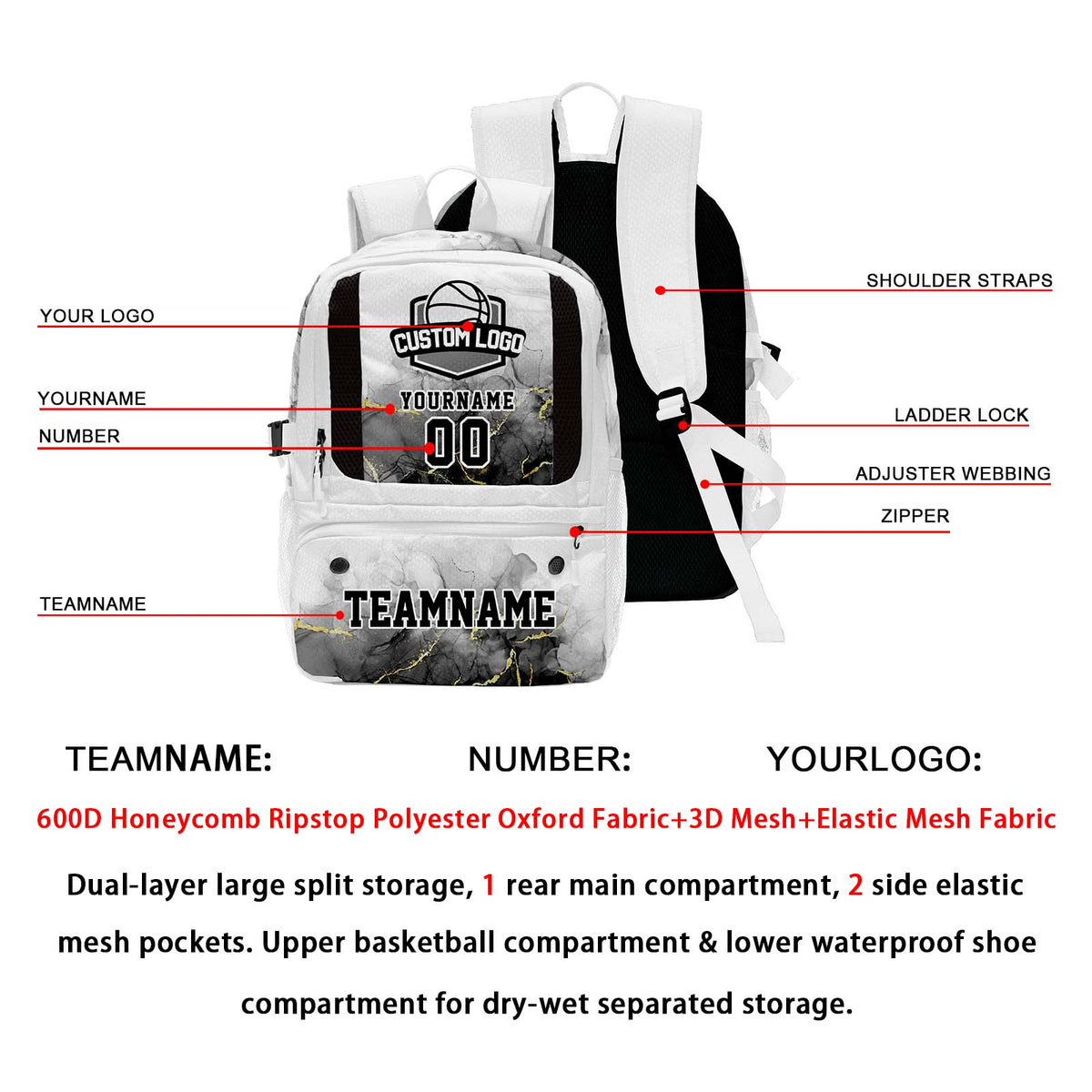 Custom White Basketball Soccer Backpack Personalized Player Names - Numbers & Team Logo #150-BP-0914-0032