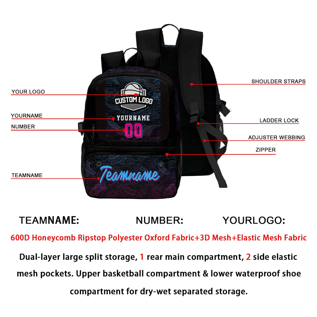 Custom Black Basketball Soccer Backpack Personalized Player Names - Numbers & Team Logo #150-BP-0914-0006