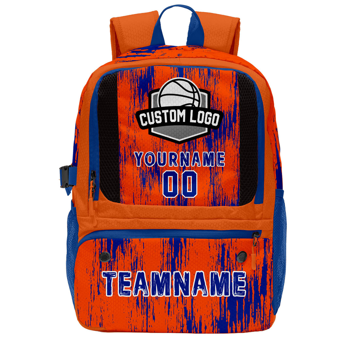 Custom Bright Orange and Royal Blue Basketball Soccer Backpack Personalized Player Names Numbers Team Logo #BB-0919-0008