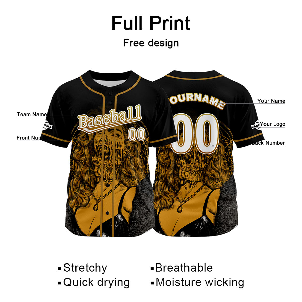 Custom Black Baseball Jersey Print Personalized Name, Number and Logo
