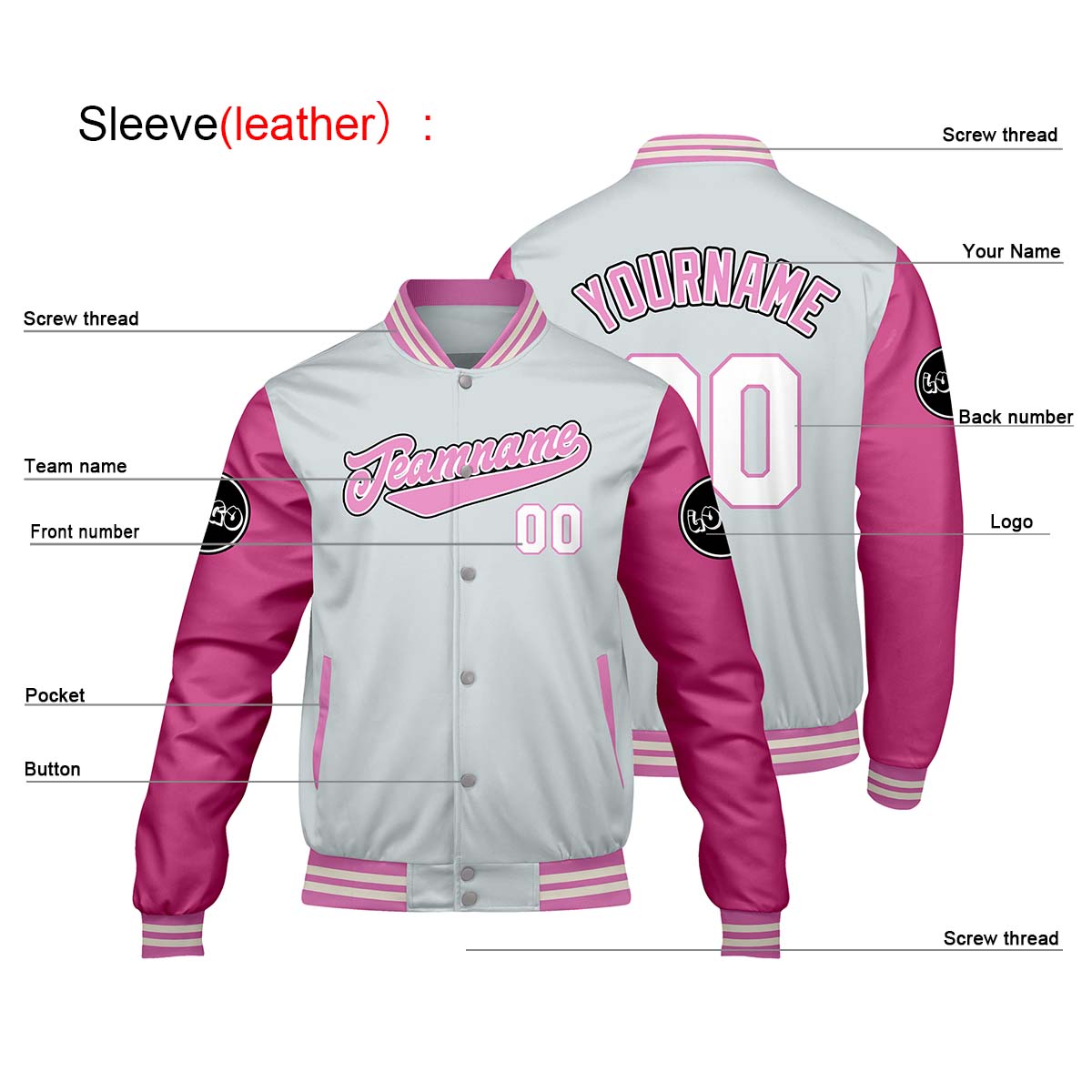 Custom Light Gray Pink Varsity Jackets for Men Women Youth Personalized Letterman Jackets