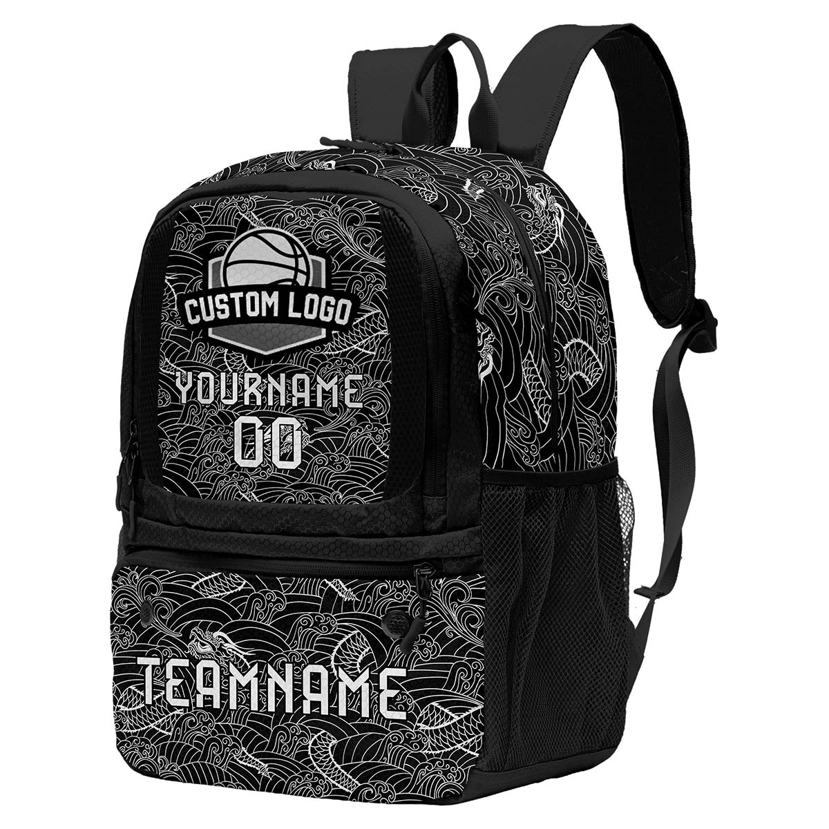 Custom Black White Basketball Soccer Backpack Personalized Player Names Numbers Team Logo #BB-0919-0004