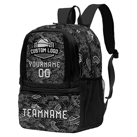 Custom Black White Basketball Soccer Backpack Personalized Player Names Numbers Team Logo #BB-0919-0004