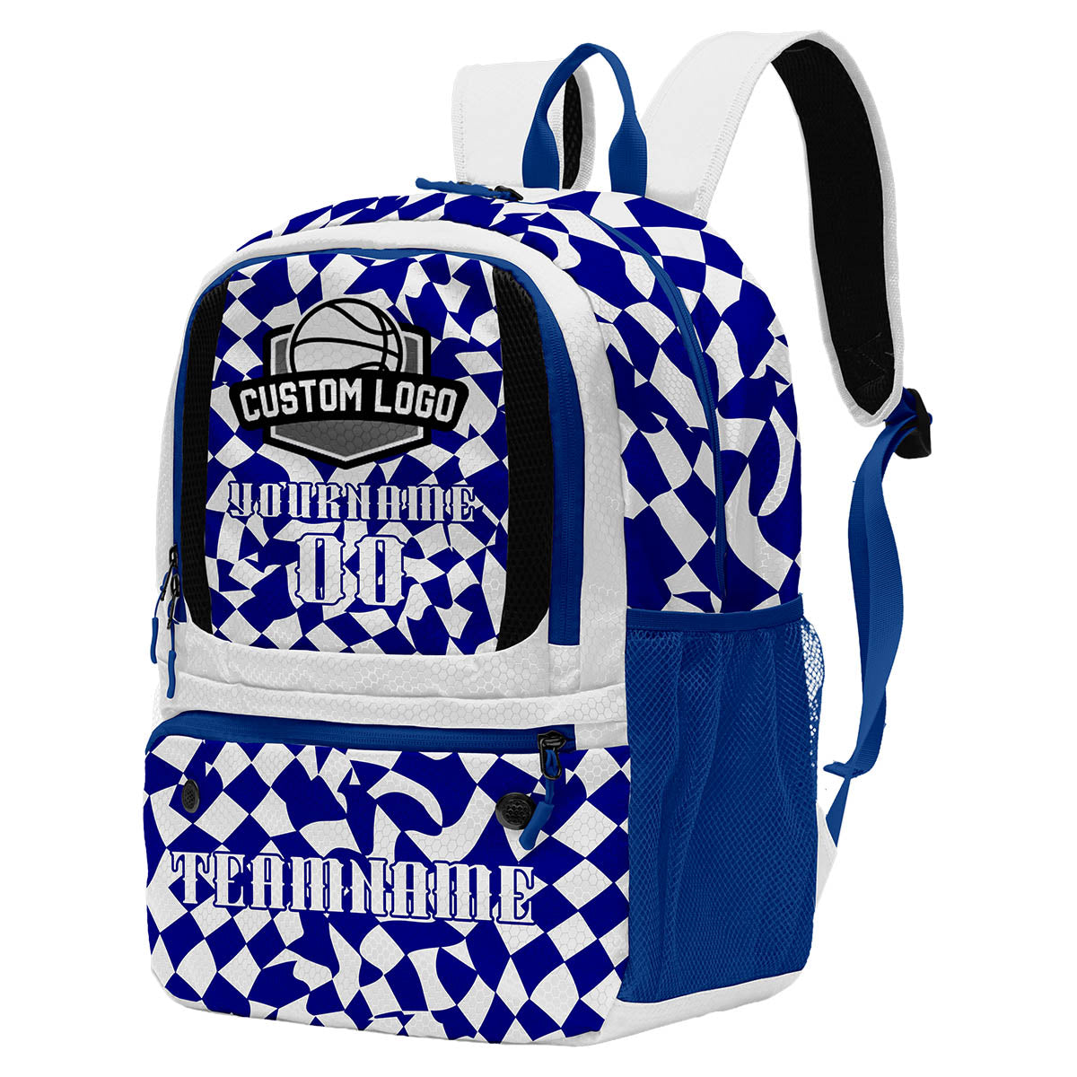 Custom White Blue Basketball Soccer Backpack Personalized Player Names Numbers Team Logo #BB-0919-0037
