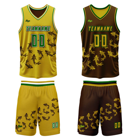 Custom  Yellow Brown Reversible Basketball Suit for Adults and Kids Personalized Jersey