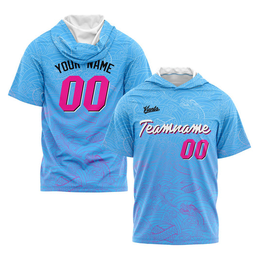 Custom Light Blue Pink Hooded T-Shirt Short Sleeve Hoodies for Men Women Shirts with Hoods Printed Name Logo
