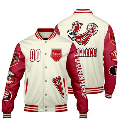 Custom White Bright Red Letterman Varsity Jacket Personalized Embroidery Printing