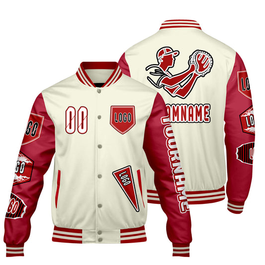Custom White Bright Red Letterman Varsity Jacket Personalized Embroidery Printing