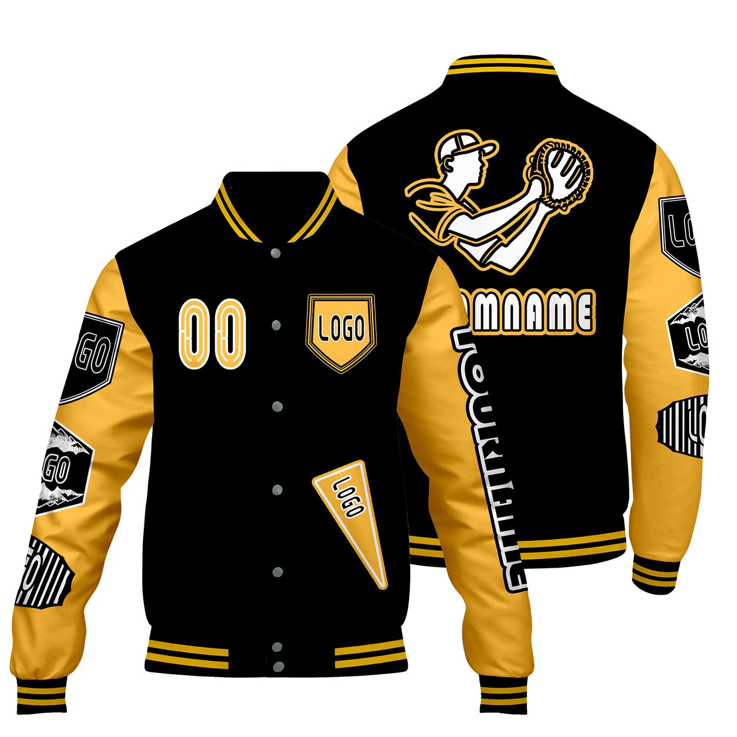 Custom Black Yellow Letterman Varsity Jacket Personalized Embroidery Printing