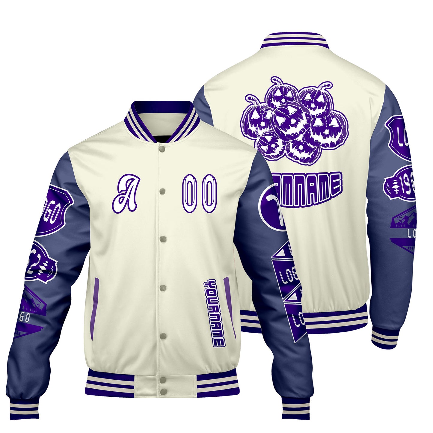 Custom White Purple Letterman Varsity Jacket Personalized Embroidery Printing