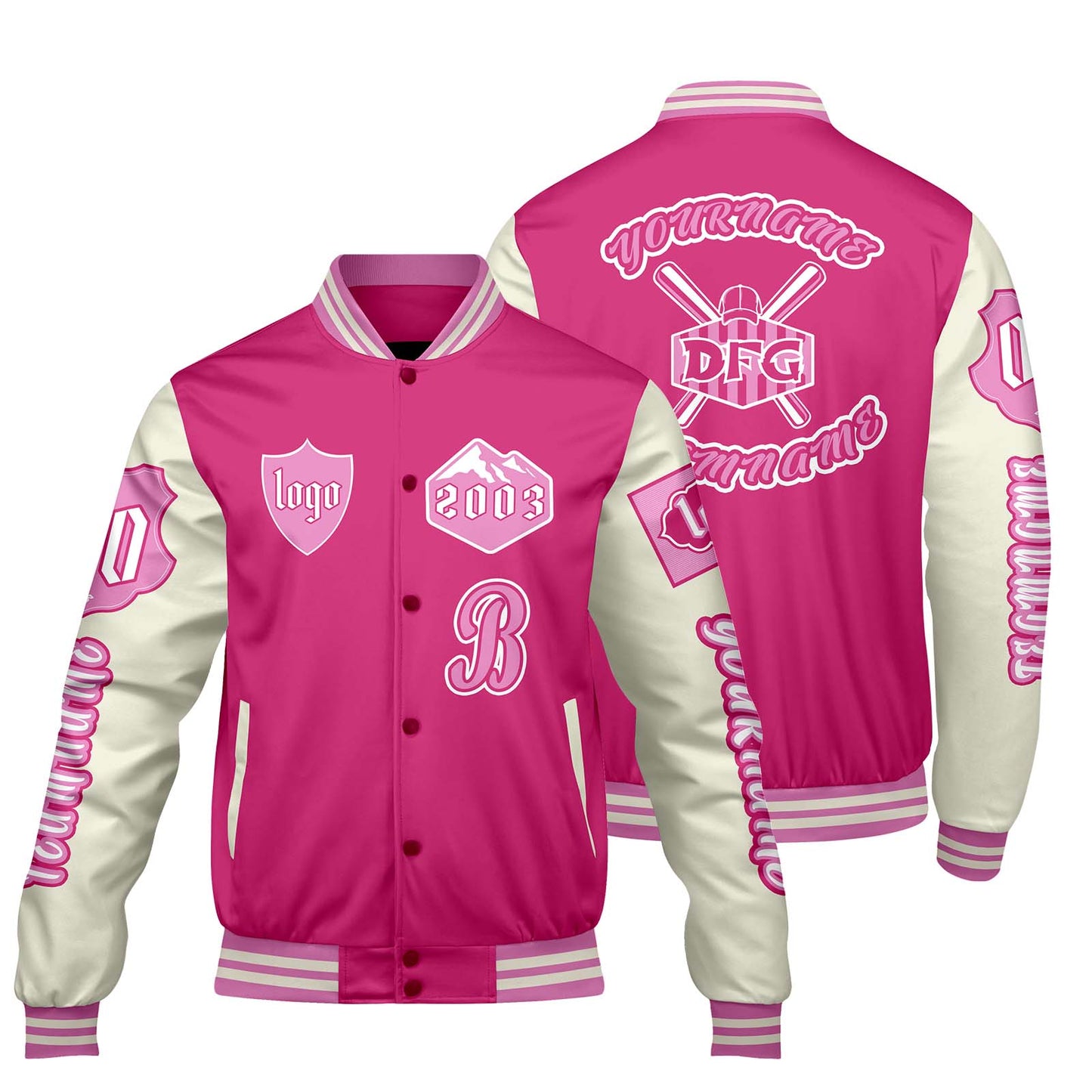 Custom Pink White Letterman Varsity Jacket Personalized Embroidery Printing