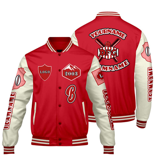 Custom Bright Red White Letterman Varsity Jacket Personalized Embroidery Printing