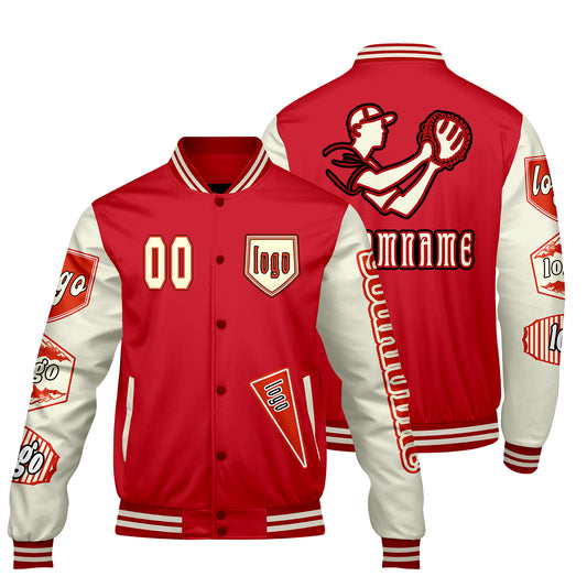 Custom Red Beige Letterman Varsity Jacket Personalized Embroidery Printing