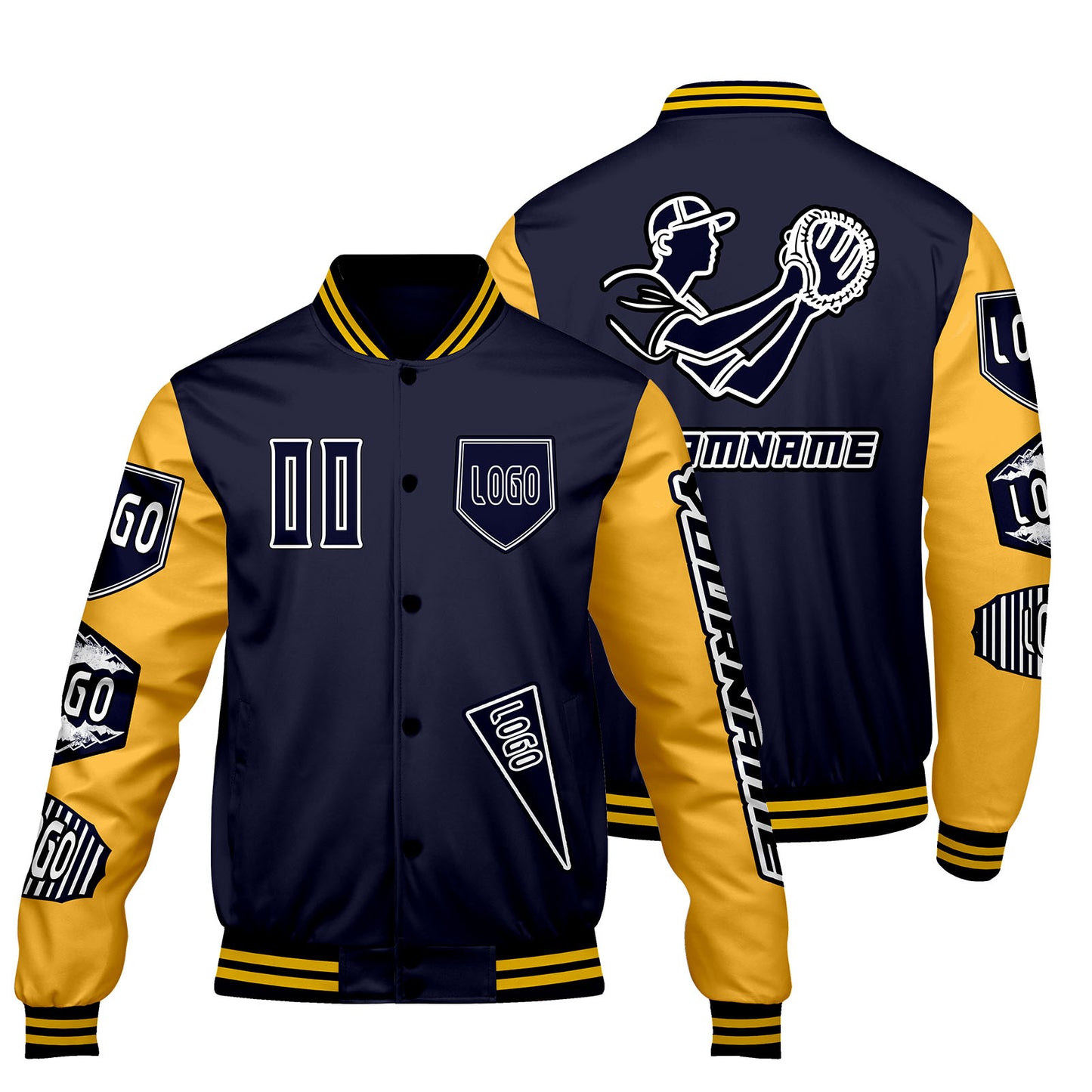 Custom Navy Yellow Letterman Varsity Jacket Personalized Embroidery Printing