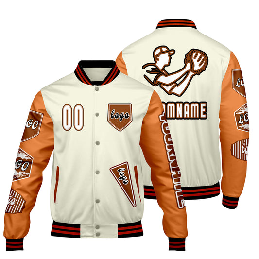 Custom White Dark Orange Letterman Varsity Jacket Personalized Embroidery Printing