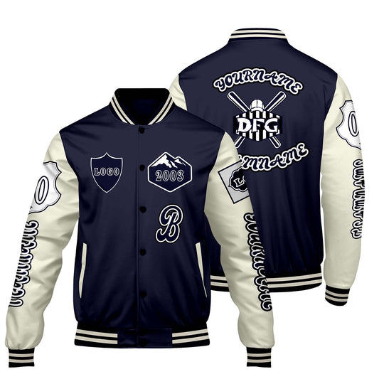 Custom Navy White Letterman Varsity Jacket Personalized Embroidery Printing