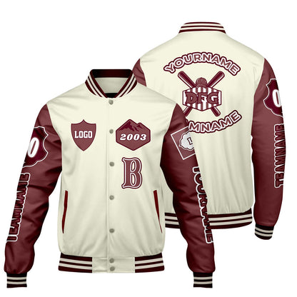 Custom White Maroon Letterman Varsity Jacket Personalized Embroidery Printing
