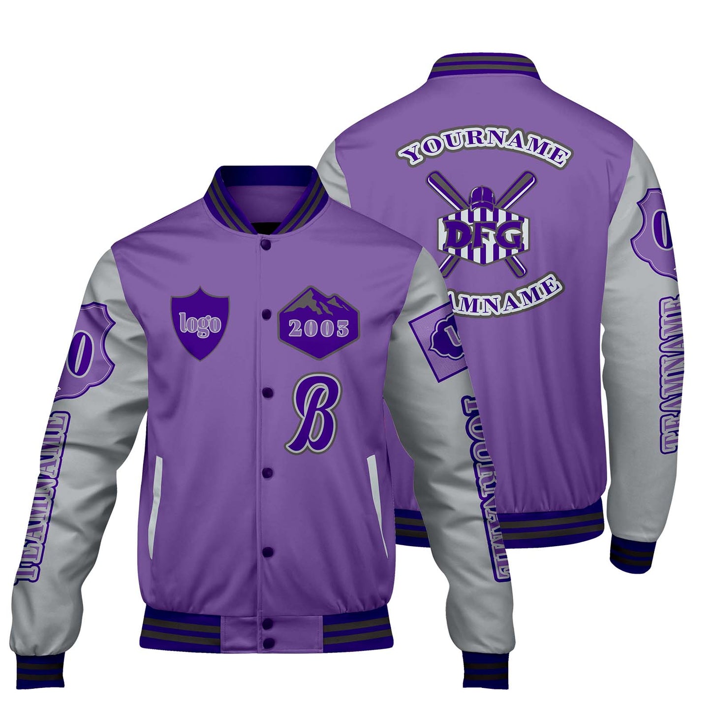Custom Purple Light Gray Letterman Varsity Jacket Personalized Embroidery Printing