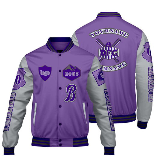 Custom Purple Light Gray Letterman Varsity Jacket Personalized Embroidery Printing
