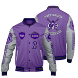 Custom Purple Light Gray Letterman Varsity Jacket Personalized Embroidery Printing