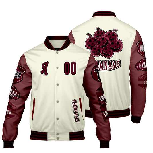 Custom White Burgundy Letterman Varsity Jacket Personalized Embroidery Printing