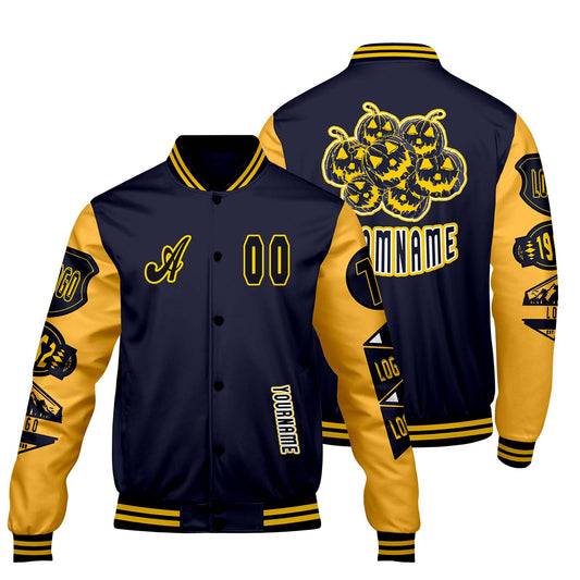 Custom Navy Yellow Letterman Varsity Jacket Personalized Embroidery Printing