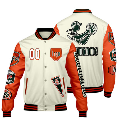 Custom White Bright Orange Letterman Varsity Jacket Personalized Embroidery Printing