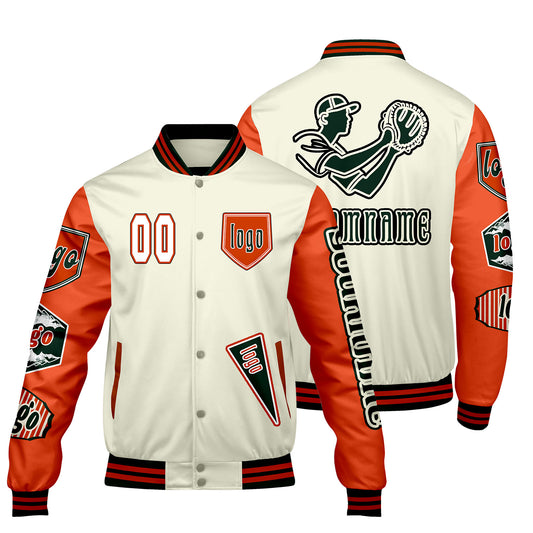 Custom White Bright Orange Letterman Varsity Jacket Personalized Embroidery Printing