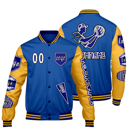 Custom Blue Yellow Letterman Varsity Jacket Personalized Embroidery Printing