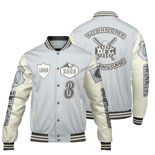 Custom Gray White Letterman Varsity Jacket Personalized Embroidery Printing