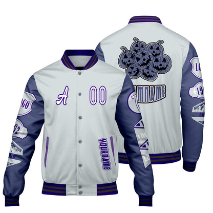 Custom Gray Purple Letterman Varsity Jacket Personalized Embroidery Printing