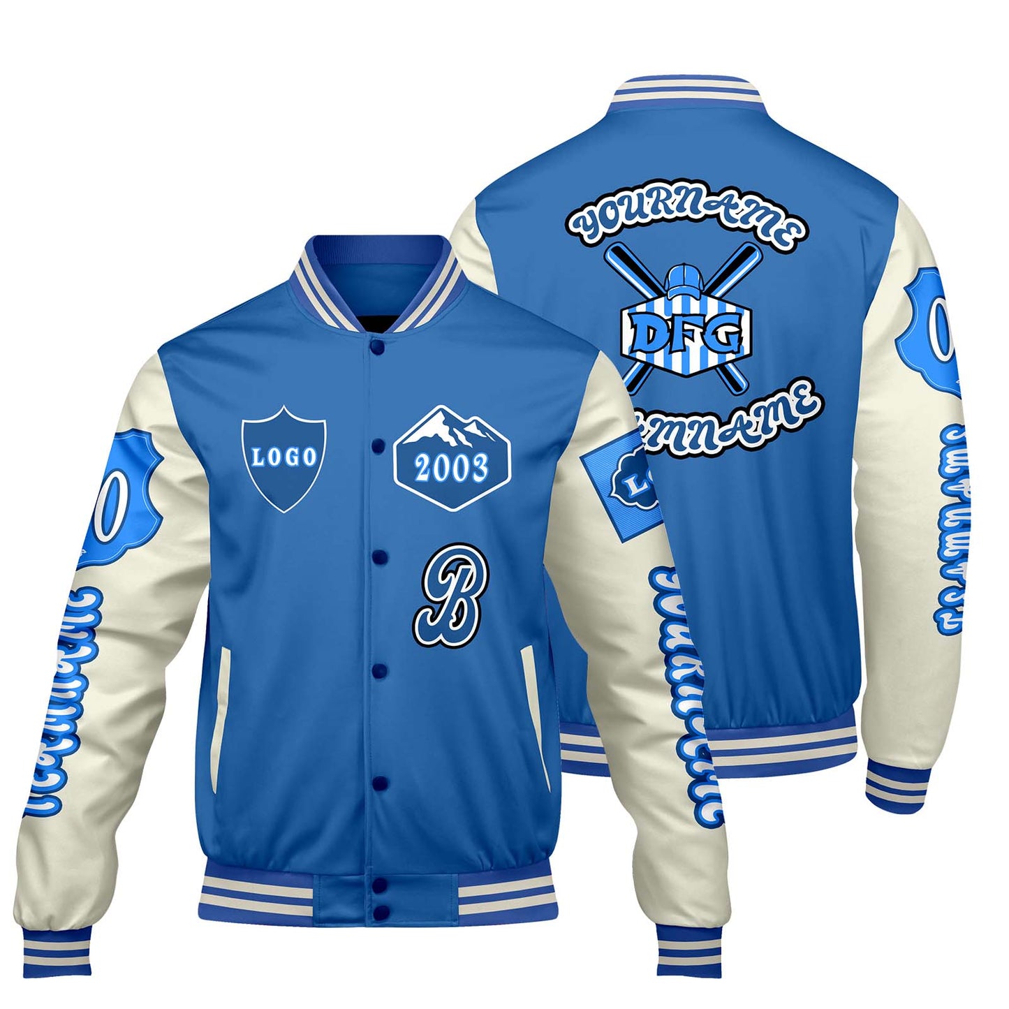 Custom Blue White Letterman Varsity Jacket Personalized Embroidery Printing