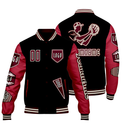 Custom Black Red Letterman Varsity Jacket Personalized Embroidery Printing