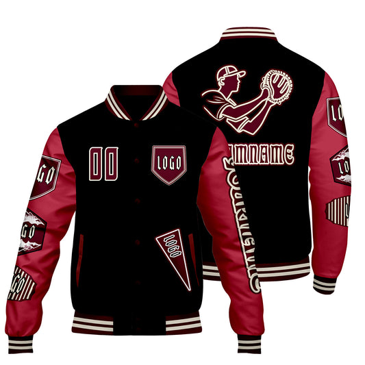 Custom Black Red Letterman Varsity Jacket Personalized Embroidery Printing