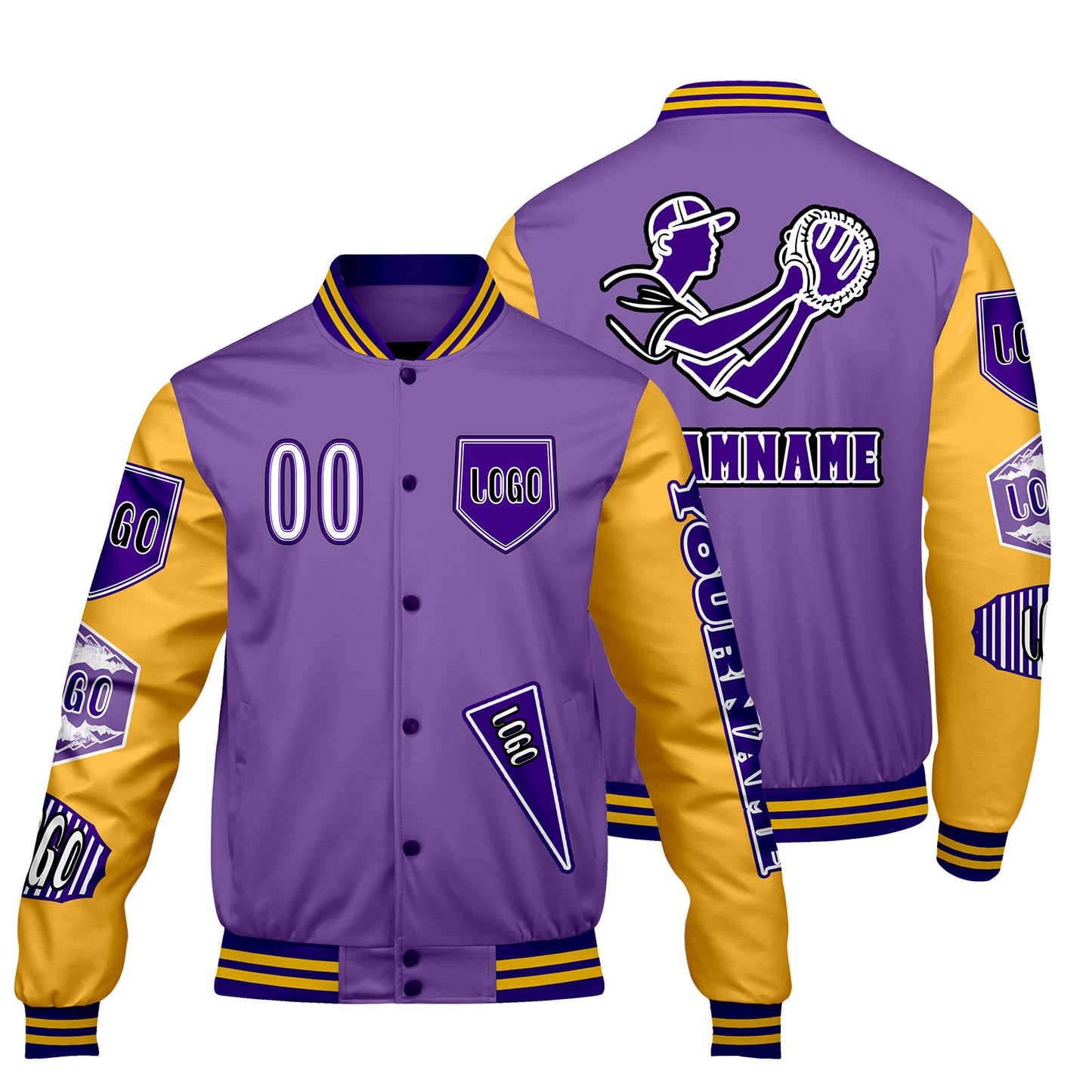 Custom Purple Yellow Letterman Varsity Jacket Personalized Embroidery Printing