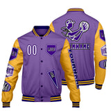 Custom Purple Yellow Letterman Varsity Jacket Personalized Embroidery Printing
