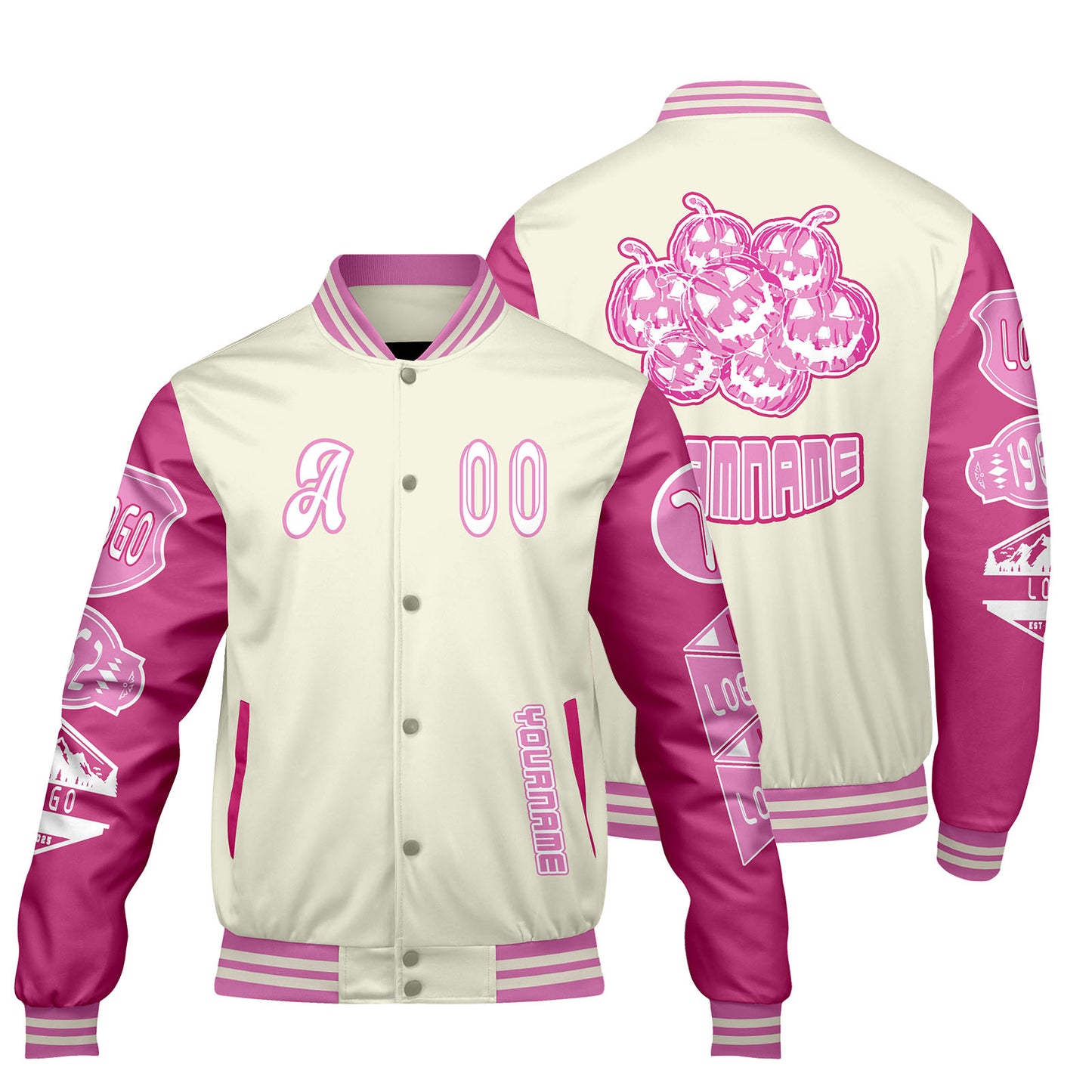 Custom White Pink Letterman Varsity Jacket Personalized Embroidery Printing