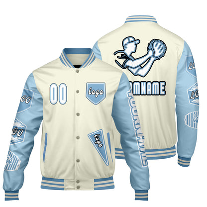 Custom White Lion Blue Letterman Varsity Jacket Personalized Embroidery Printing